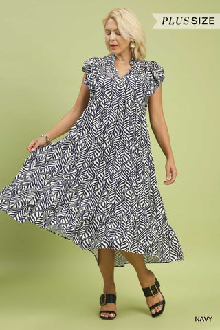 Navy Leaf Print Tiered Midi Dress – Available in Plus Size!