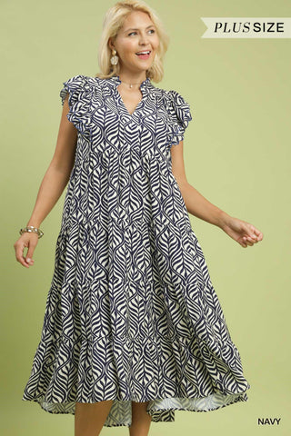 Navy Leaf Print Tiered Midi Dress – Available in Plus Size!