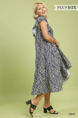 Navy Leaf Print Tiered Midi Dress – Available in Plus Size!