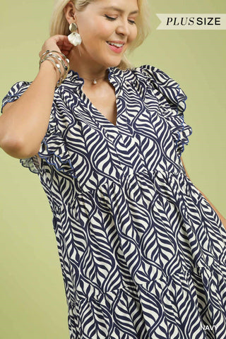 Navy Leaf Print Tiered Midi Dress – Available in Plus Size!