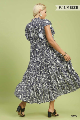 Navy Leaf Print Tiered Midi Dress – Available in Plus Size!