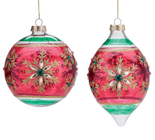 Red & Green Ornate Glass Ornament with Snowflakes - Olive Shaped
