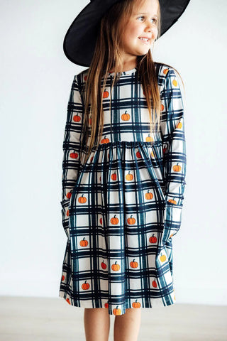 Plaid Pumpkins Pocket Twirl Dress – Fall Favorite for Girls