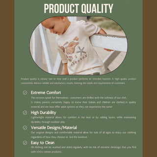 Product quality description with a child wearing a shirt on a green background
