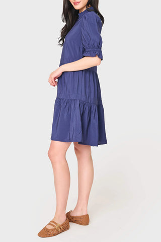 The Everyday Elevated: Navy Puff Sleeve Tiered Dress with Pockets