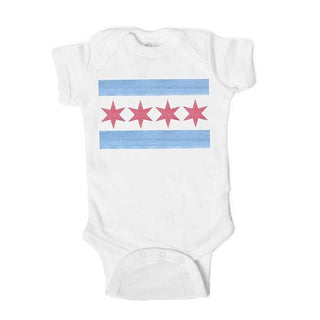 White baby onesie with Chicago flag design on a white background