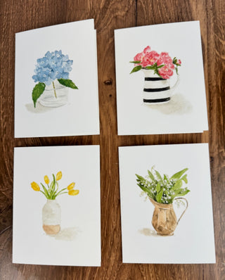 Set of 8 floral notecards with watercolor hydrangeas, tulips, peonies, and lily of the valley – elegant stationery from JSQ Mercantile women’s boutique and gift shop in La Grange, IL
