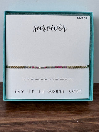 Morse code bracelet spelling “Survivor” – JSQ Mercantile – a women’s boutique and gift shop in La Grange, IL.