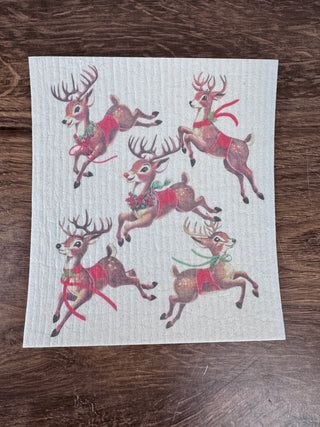 Vintage Reindeers Holiday Sponge Cloth with retro reindeer illustrations, biodegradable kitchen cloth, JSQ Mercantile – a women’s boutique and gift shop in La Grange, IL.