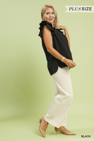 Black Textured Ruffle Sleeve V-Neck Blouse - Plus Size Available