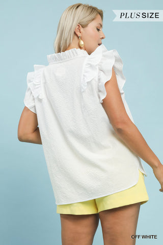 Off White Textured Ruffle Sleeve V-Neck Blouse - Plus Size Available
