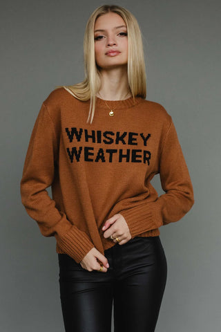 Whiskey Weather Knitted Sweater by Panache – Cozy caramel knit fall pullover with black lettering, relaxed fit | JSQ Mercantile – Women’s Boutique & Gift Shop in La Grange, IL