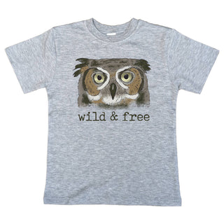 Gray t-shirt with an owl graphic and 'wild & free' text on a white background