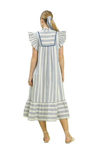 Willow stripe tiered midi dress with ruffle sleeves and split V-neck | JSQ Mercantile – a women’s boutique and gift shop in La Grange, IL