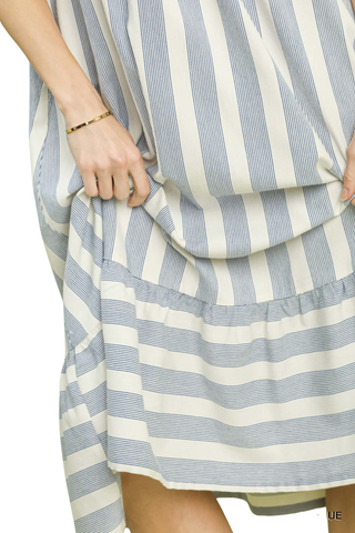 Willow stripe tiered midi dress with ruffle sleeves and split V-neck | JSQ Mercantile – a women’s boutique and gift shop in La Grange, IL