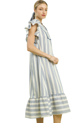 Willow stripe tiered midi dress with ruffle sleeves and split V-neck | JSQ Mercantile – a women’s boutique and gift shop in La Grange, IL