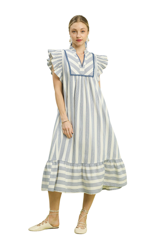 Willow stripe tiered midi dress with ruffle sleeves and split V-neck | JSQ Mercantile – a women’s boutique and gift shop in La Grange, IL