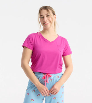 Women’s rose violet polyknit V-neck pajama top with relaxed fit, lounge tee gift, JSQ Mercantile – a women’s boutique and gift shop in La Grange, IL.