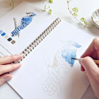 Person coloring a blue bird illustration in a sketchbook with watercolor paint.