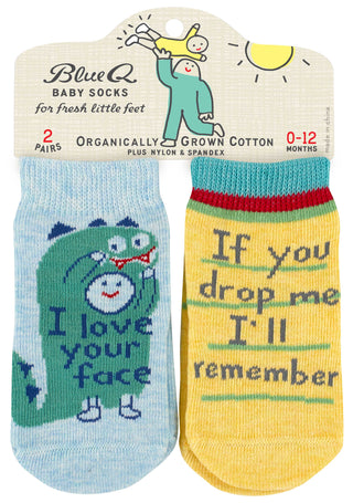 Baby socks set with “I Love Your Face” and “Don’t Drop Me” phrases – JSQ Mercantile – a women’s boutique and gift shop in La Grange, IL.