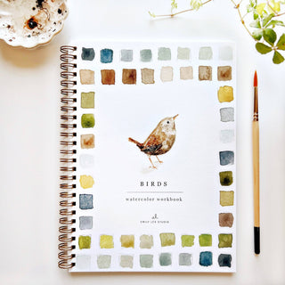Birds Watercolor Workbook with 12 beginner bird illustrations, step-by-step instructions, and spiral binding by Emily Lex.