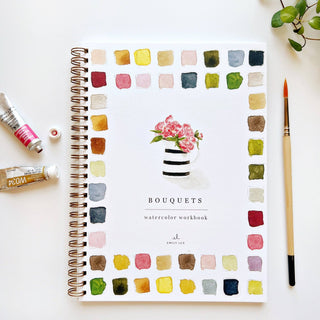 Bouquets Watercolor Workbook with 12 beginner-friendly floral illustrations by Emily Lex | JSQ Mercantile – Gift Shop in La Grange, IL inside Jackson Square Mall.
