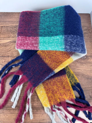 Brushed plaid blue and yellow wide scarf with fringe, 72x14 inches – JSQ Mercantile – a women’s boutique and gift shop in La Grange, IL