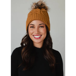 Fleece Lined Cable Knit Hat - Camel Tan