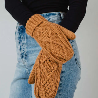 Fleece Lined Cable Knit Mittens - Camel