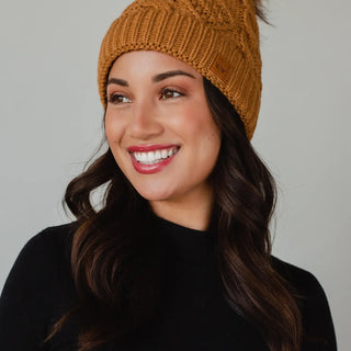 Fleece Lined Cable Knit Hat - Camel Tan