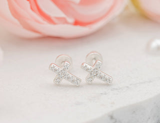 Sterling Silver Baptism Cross CZ Earrings Baby Baptism Gift