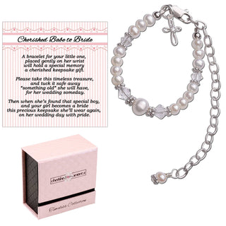 Sterling silver baby bracelet with freshwater pearls, crystals, and cross charm from Cherished Babe to Bride collection | JSQ Mercantile – a women’s boutique and gift shop in La Grange, IL.