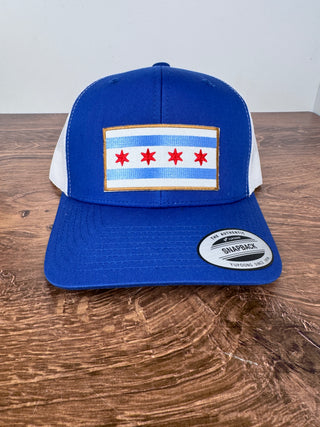 Blue and white Chicago Flag Patch Trucker Hat with embroidered flag design | JSQ Mercantile – Women’s Boutique & Gift Shop in La Grange, IL