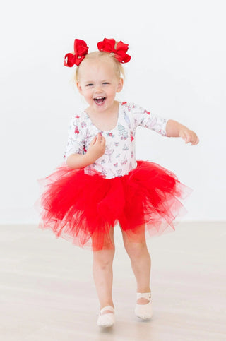 Clara’s Christmas 3/4 Tutu Leotard by Mila & Rose featuring soft fabric, attached tulle skirt, and scoop back.