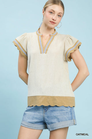 Contrast scallop trim top with ruffle sleeves and V-neck in lightweight linen cotton | JSQ Mercantile – a women’s boutique and gift shop in La Grange, IL