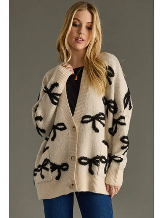 Cream Bow Cardigan – Women’s Knit Sweater with Black Bows