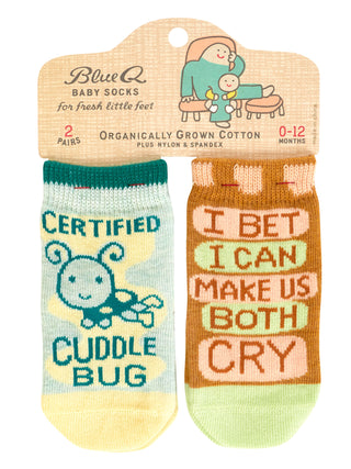Organic cotton baby socks with “Cuddle Bug/Both Cry Baby” design – JSQ Mercantile – a women’s boutique and gift shop in La Grange, IL.