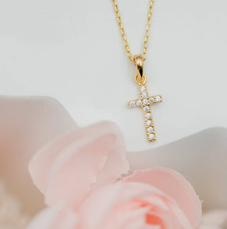 14K Gold-Plated Kids Cross CZ Necklace for Girls Communion