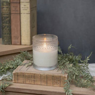 4" Vintage Inspired Hobknob Clear Glass 3D Flame Candle glowing softly on a table | JSQ Mercantile – Women’s Boutique & Gift Shop in La Grange, IL
