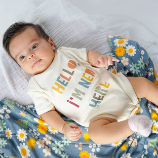 Hello, I’m new here onesie in 3-6 months with vintage font on baby. Generous fit. 