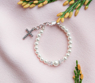 Sterling Silver Pearl Cross Baptism Gift Communion Bracelet