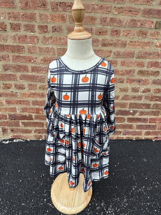 Plaid Pumpkins Pocket Twirl Dress – Fall Favorite for Girls