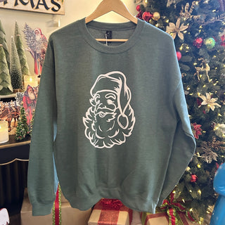 Green sweatshirt with a white vintage Santa face graphic – JSQ Mercantile – a women’s boutique and gift shop in La Grange, IL