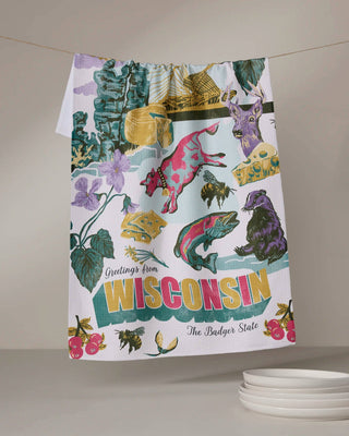 Greetings From Wisconsin Kitchen Tea Towel with colorful vintage postcard design | JSQ Mercantile – Women’s Boutique & Gift Shop in La Grange, IL
