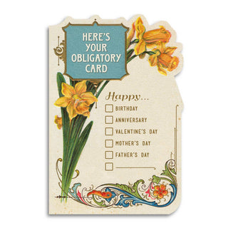 “Here’s Your Obligatory Card” funny vintage die-cut all-occasion greeting card – JSQ Mercantile – a women’s boutique and gift shop in La Grange, IL.