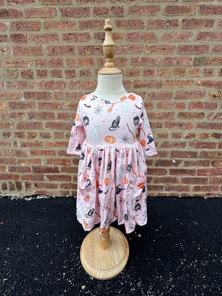 Hey Boo 3/4 Sleeve Pocket Twirl Dress for Girls – Halloween Outfit | JSQ Mercantile Gift Shop La Grange, IL