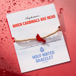 Holy Water Red Cardinal Bracelet with waterproof beads and resin red cardinal charm infused with holy water from Lourdes, France | JSQ Mercantile – Women’s Boutique & Gift Shop in La Grange, IL