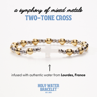 Holy Water Two-Tone Bracelet with gold-plated and stainless steel beads, featuring a resin charm infused with holy water from Lourdes, France | JSQ Mercantile – Women’s Boutique & Gift Shop in La Grange, IL