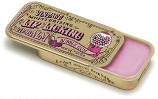 Bubble Gum Lip Licking Flavored Lip Balm in a gold vintage slider tin, organic and natural formula – JSQ Mercantile – a women’s boutique and gift shop in La Grange, IL.
