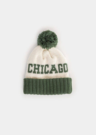 Toddler two-tone pom knit beanie with embroidered Chicago script cuff, soft rib knit winter hat for kids, JSQ Mercantile – a women’s boutique and gift shop in La Grange, IL.